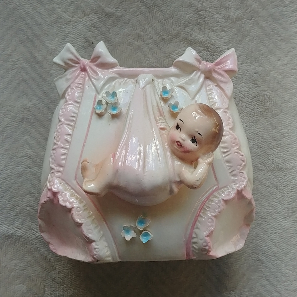 Vintage 1950s ceramic baby planter wall pocket trinket holder Japan Rare